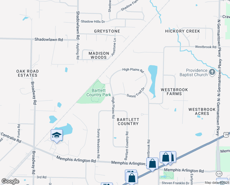 map of restaurants, bars, coffee shops, grocery stores, and more near 4282 High Plains Road in Bartlett