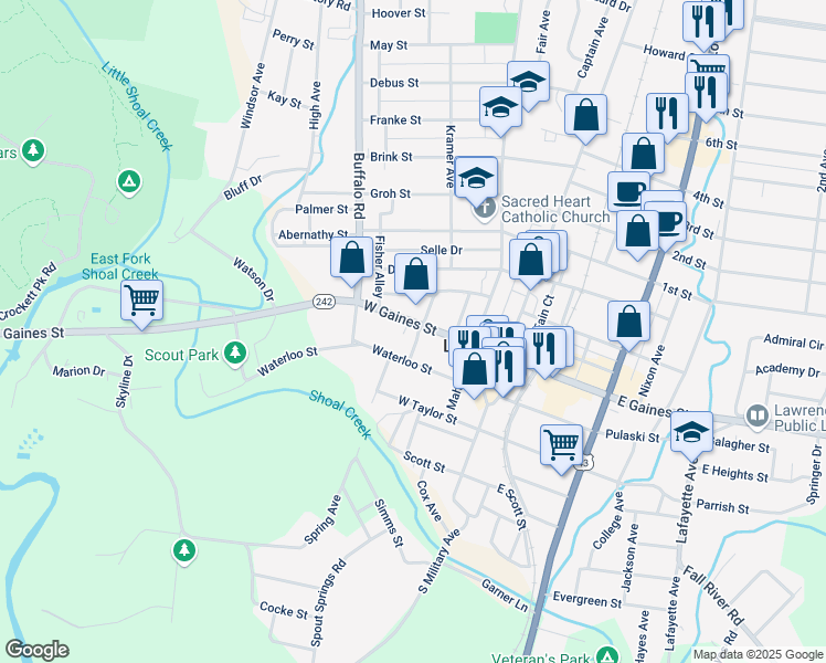 map of restaurants, bars, coffee shops, grocery stores, and more near 303 West Gaines Street in Lawrenceburg