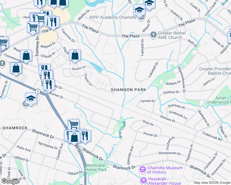 map of restaurants, bars, coffee shops, grocery stores, and more near 1327 Phil O'Neil Drive in Charlotte