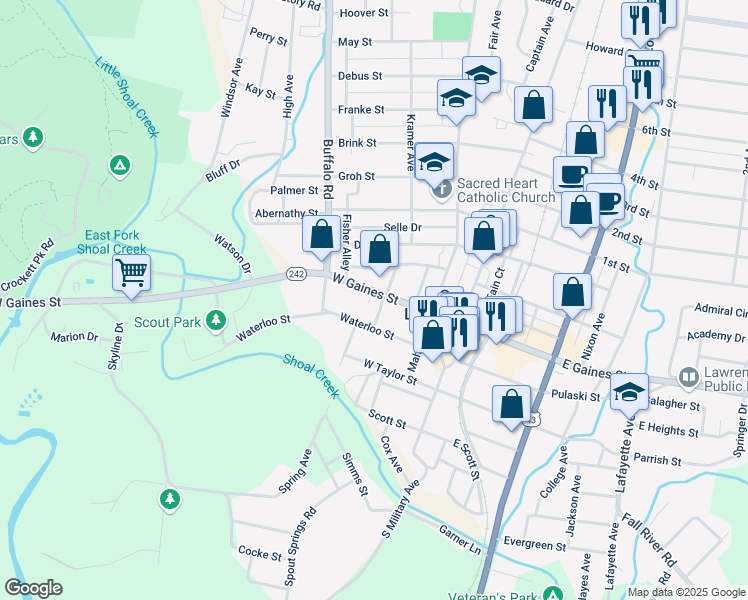 map of restaurants, bars, coffee shops, grocery stores, and more near 303 West Gaines Street in Lawrenceburg