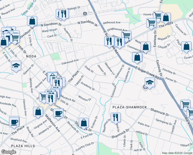 map of restaurants, bars, coffee shops, grocery stores, and more near in Charlotte
