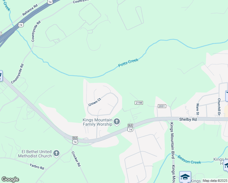 map of restaurants, bars, coffee shops, grocery stores, and more near 145 Crown Court in Kings Mountain