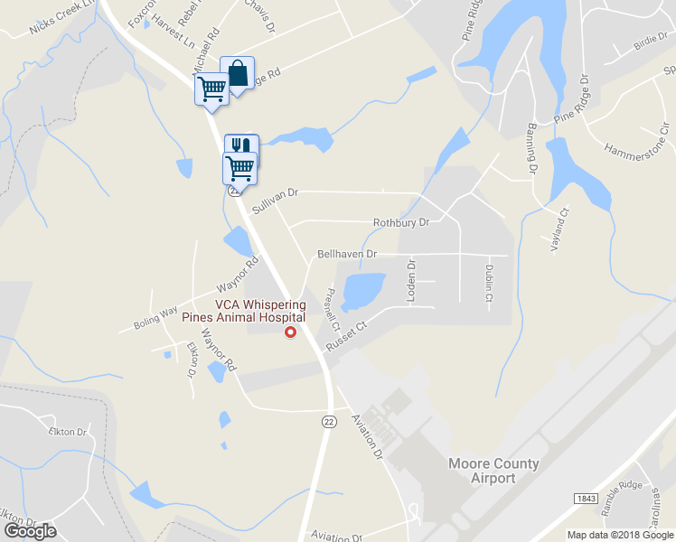 map of restaurants, bars, coffee shops, grocery stores, and more near 180 Presnell Court in Whispering Pines
