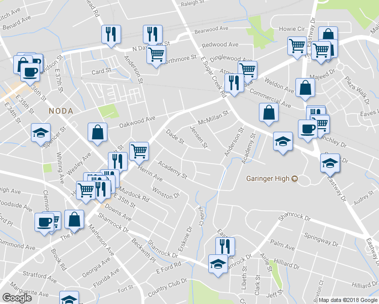 map of restaurants, bars, coffee shops, grocery stores, and more near in Charlotte