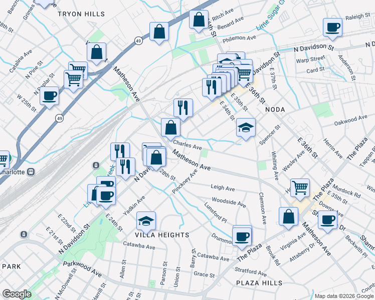 map of restaurants, bars, coffee shops, grocery stores, and more near 709 Matheson Avenue in Charlotte