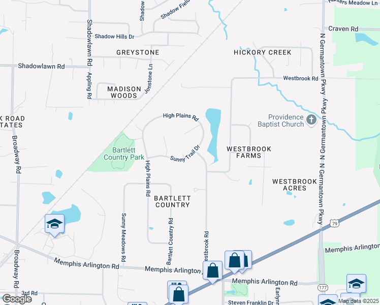 map of restaurants, bars, coffee shops, grocery stores, and more near 7740 Sunny Trail Drive in Bartlett