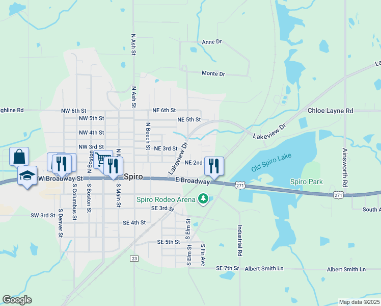 map of restaurants, bars, coffee shops, grocery stores, and more near 505 Northeast 2nd Street in Spiro
