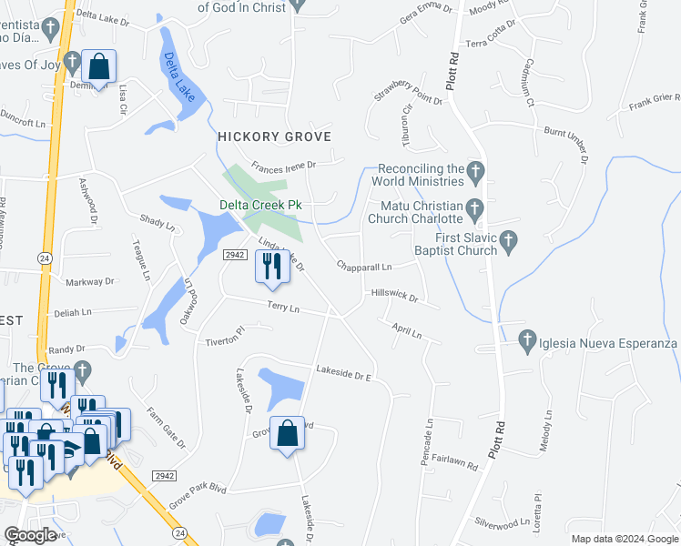 map of restaurants, bars, coffee shops, grocery stores, and more near 7113 Chapparall Lane in Charlotte