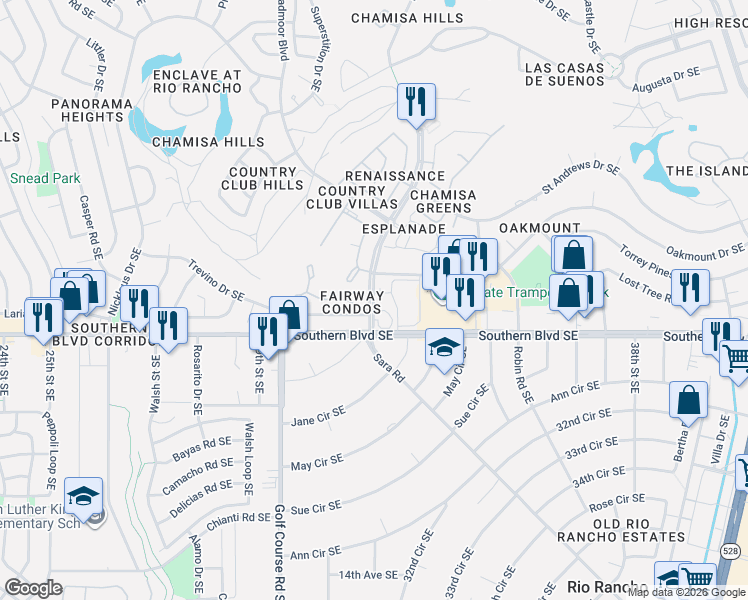 map of restaurants, bars, coffee shops, grocery stores, and more near 915 Country Club Drive Southeast in Rio Rancho