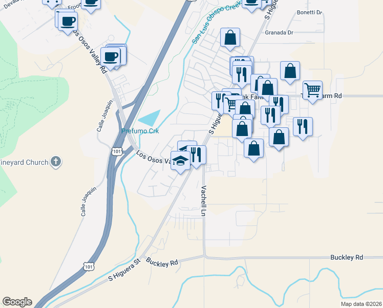 map of restaurants, bars, coffee shops, grocery stores, and more near 13 Villa Court in San Luis Obispo