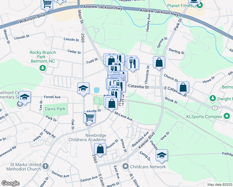 map of restaurants, bars, coffee shops, grocery stores, and more near 6 North Main Street in Belmont