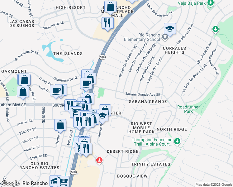 map of restaurants, bars, coffee shops, grocery stores, and more near 4248 Sabana Grande Avenue Southeast in Rio Rancho