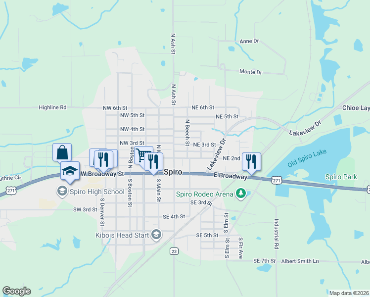 map of restaurants, bars, coffee shops, grocery stores, and more near 301 Northeast 2nd Street in Spiro