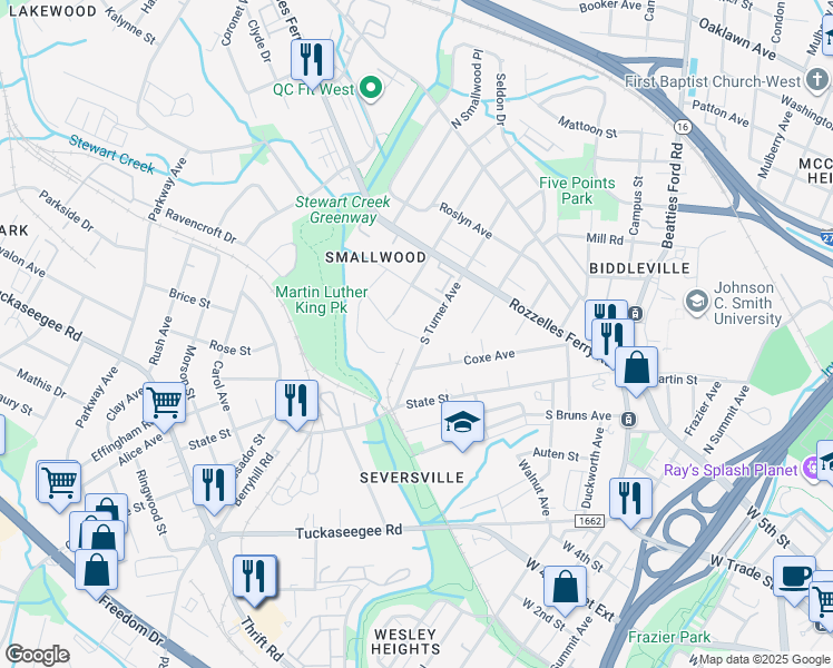 map of restaurants, bars, coffee shops, grocery stores, and more near 432 South Turner Avenue in Charlotte