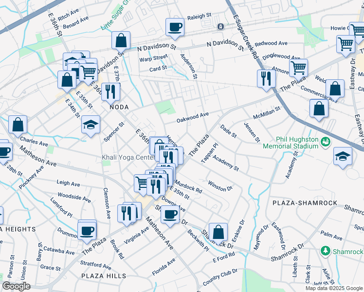 map of restaurants, bars, coffee shops, grocery stores, and more near 3401 The Plaza in Charlotte