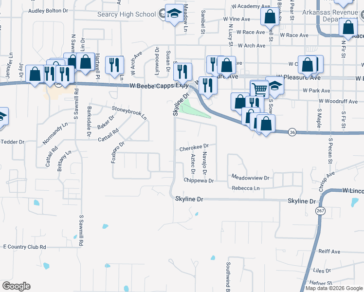 map of restaurants, bars, coffee shops, grocery stores, and more near 107 Cherokee Drive in Searcy