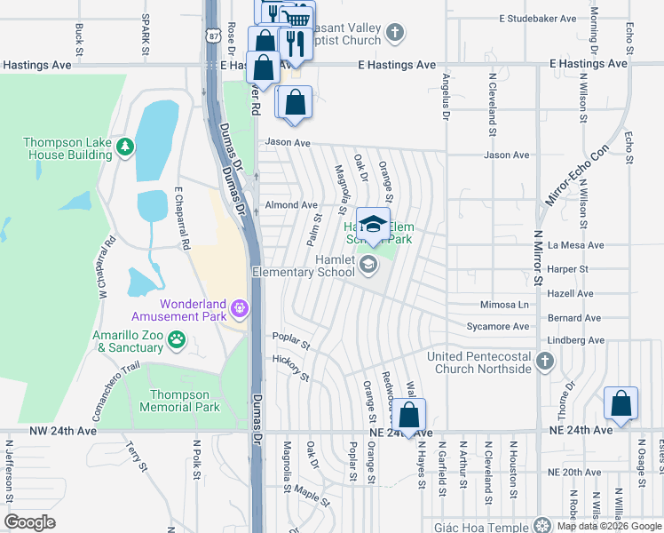 map of restaurants, bars, coffee shops, grocery stores, and more near 601-699 Sycamore Avenue in Amarillo