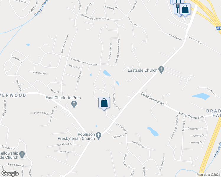 map of restaurants, bars, coffee shops, grocery stores, and more near 5852 Timbertop Lane in Charlotte