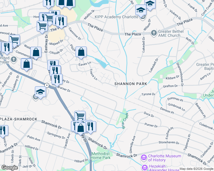 map of restaurants, bars, coffee shops, grocery stores, and more near 1630 Jakobson Drive in Charlotte