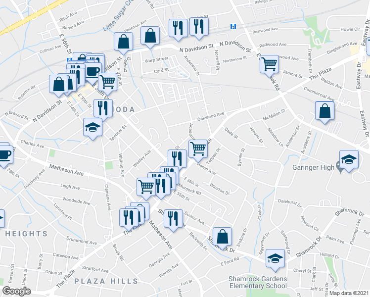 map of restaurants, bars, coffee shops, grocery stores, and more near 3401 The Plaza in Charlotte