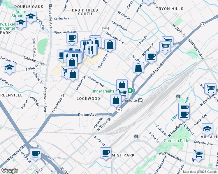 map of restaurants, bars, coffee shops, grocery stores, and more near 243 Keswick Avenue in Charlotte