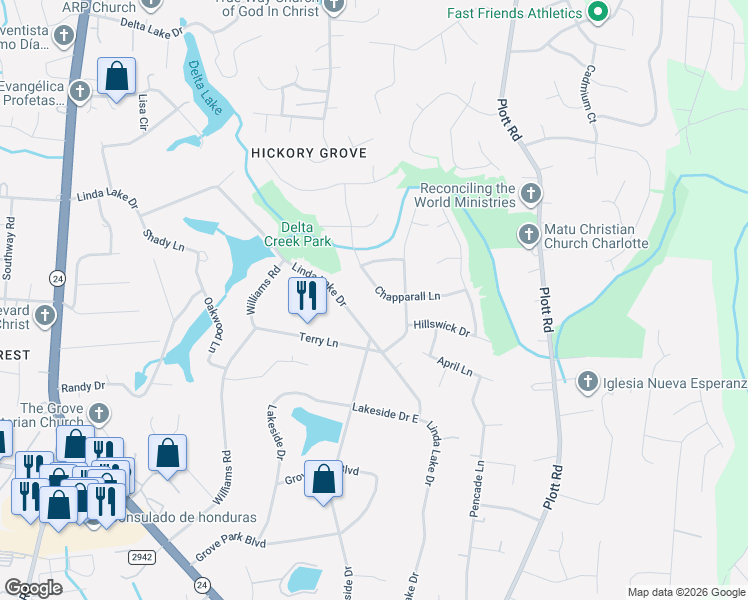 map of restaurants, bars, coffee shops, grocery stores, and more near 7113 Chapparall Lane in Charlotte