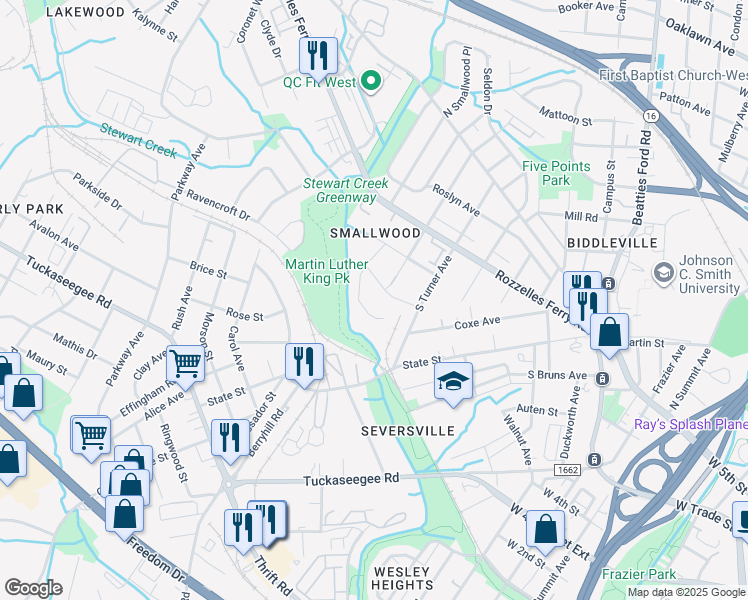 map of restaurants, bars, coffee shops, grocery stores, and more near 440 South Gardner Avenue in Charlotte