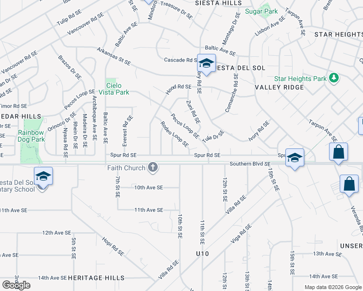map of restaurants, bars, coffee shops, grocery stores, and more near 988 Spur Road Southeast in Rio Rancho