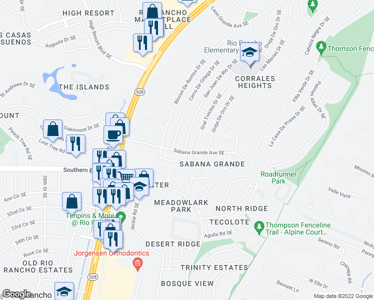 map of restaurants, bars, coffee shops, grocery stores, and more near 810 San Juan De Rio Drive Southeast in Rio Rancho