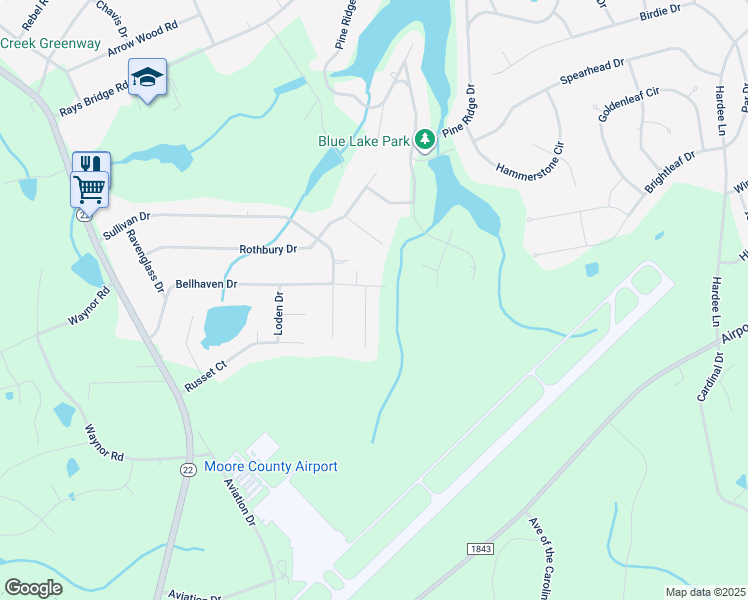map of restaurants, bars, coffee shops, grocery stores, and more near 115 Dublin Court in Whispering Pines
