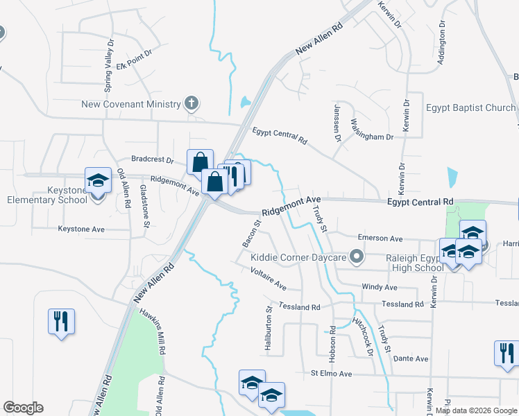 map of restaurants, bars, coffee shops, grocery stores, and more near 3613 Ridgemont Road in Memphis