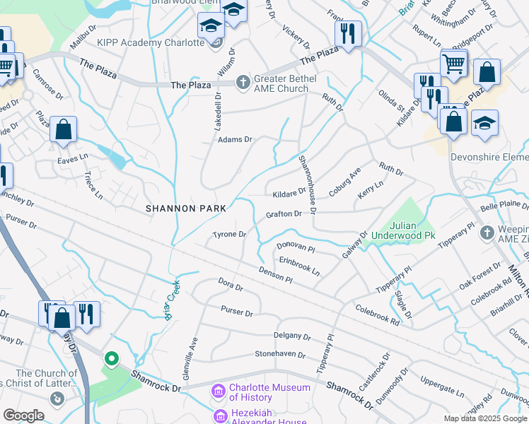 map of restaurants, bars, coffee shops, grocery stores, and more near 5157 Grafton Drive in Charlotte