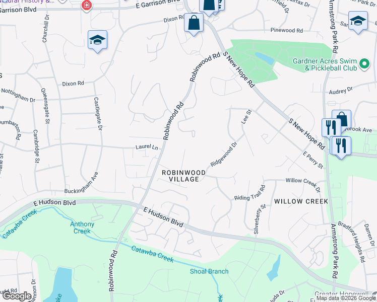 map of restaurants, bars, coffee shops, grocery stores, and more near 1608 Backcreek Lane in Gastonia