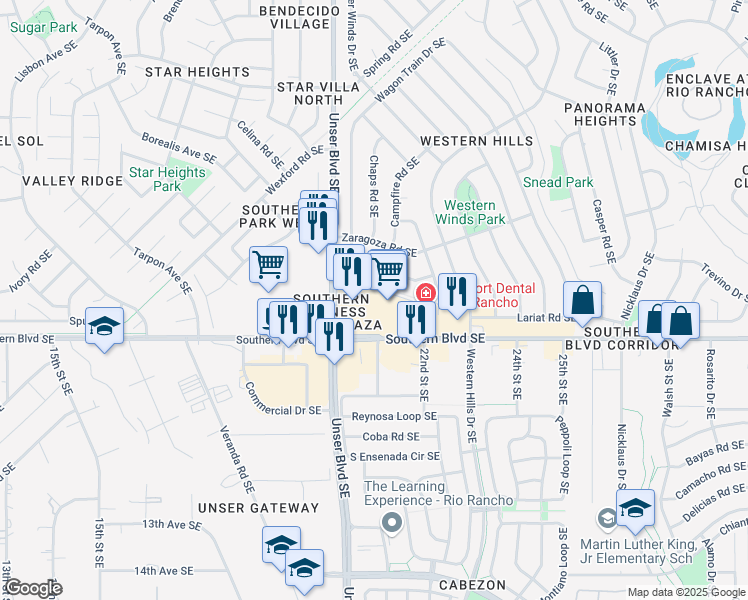 map of restaurants, bars, coffee shops, grocery stores, and more near 2109 Southern Boulevard Southeast in Rio Rancho