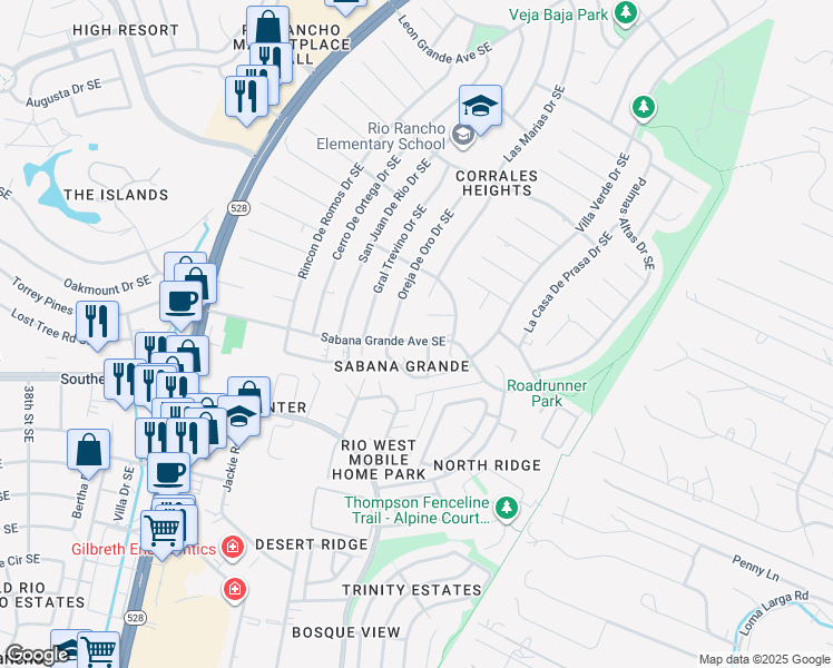 map of restaurants, bars, coffee shops, grocery stores, and more near 4605 Sabana Grande Avenue Southeast in Rio Rancho