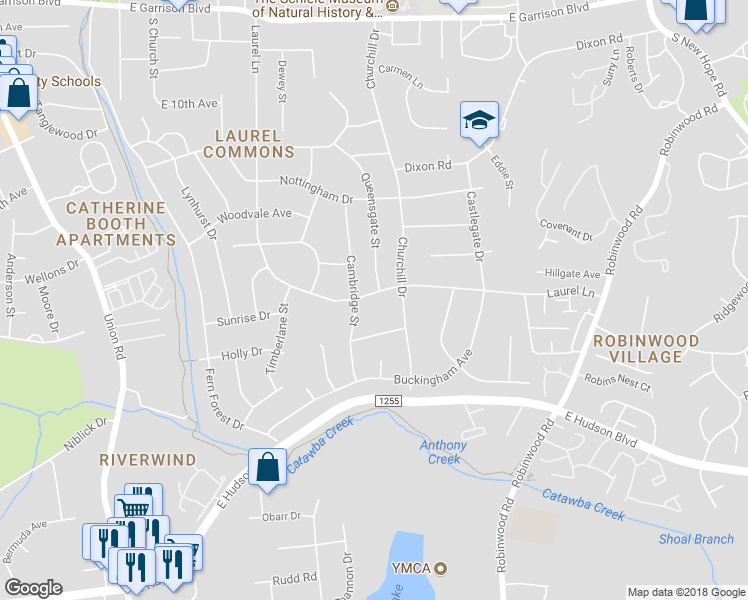 map of restaurants, bars, coffee shops, grocery stores, and more near 1619 Laurel Lane in Gastonia