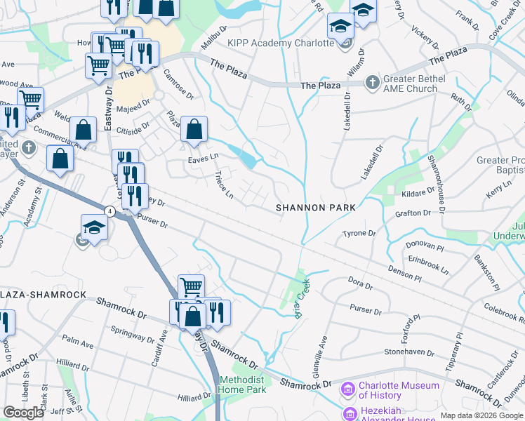 map of restaurants, bars, coffee shops, grocery stores, and more near 1630 Jakobson Drive in Charlotte