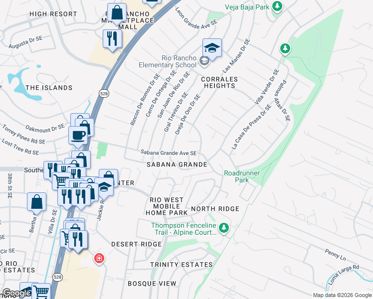 map of restaurants, bars, coffee shops, grocery stores, and more near 908 Benjamin Court Southeast in Rio Rancho
