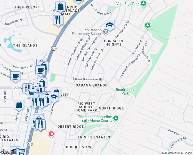 map of restaurants, bars, coffee shops, grocery stores, and more near 908 Benjamin Court Southeast in Rio Rancho