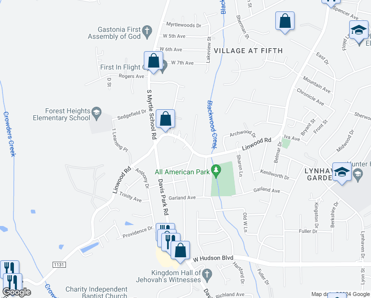 map of restaurants, bars, coffee shops, grocery stores, and more near 2113 Linwood Road in Gastonia