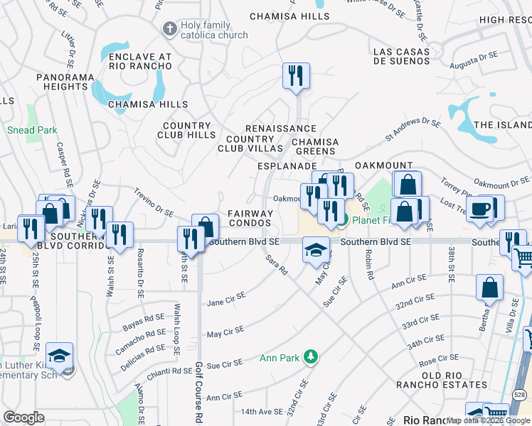 map of restaurants, bars, coffee shops, grocery stores, and more near 903 Country Club Drive Southeast in Rio Rancho