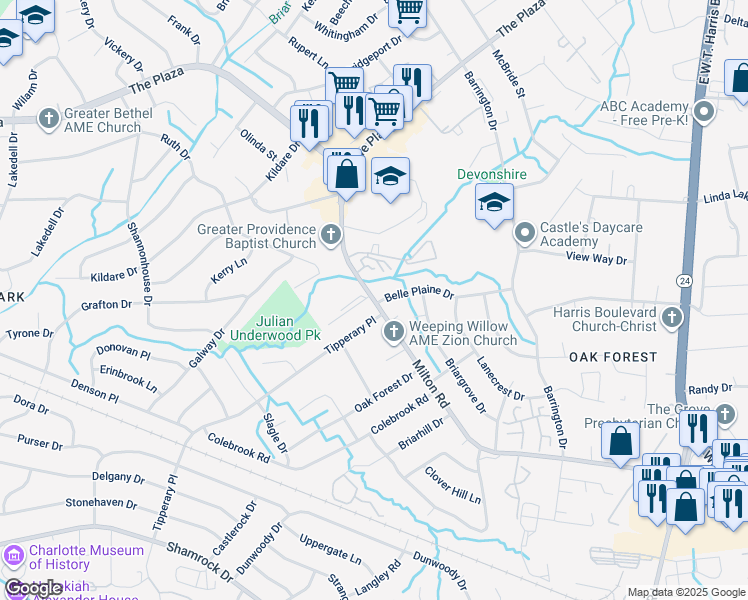 map of restaurants, bars, coffee shops, grocery stores, and more near 2118 Milton Road in Charlotte