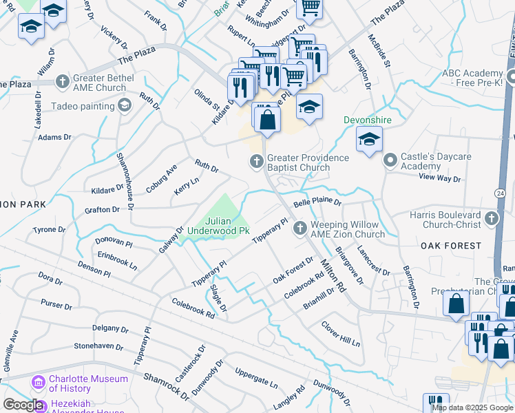 map of restaurants, bars, coffee shops, grocery stores, and more near 2100 Milton Road in Charlotte