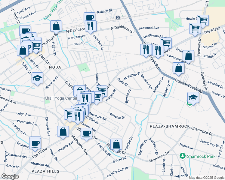 map of restaurants, bars, coffee shops, grocery stores, and more near 1408 Anderson Street in Charlotte