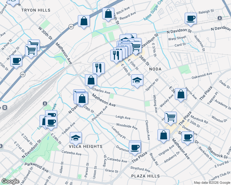 map of restaurants, bars, coffee shops, grocery stores, and more near in Charlotte