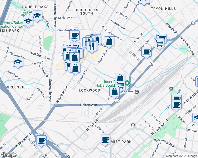 map of restaurants, bars, coffee shops, grocery stores, and more near 320 Sylvania Avenue in Charlotte