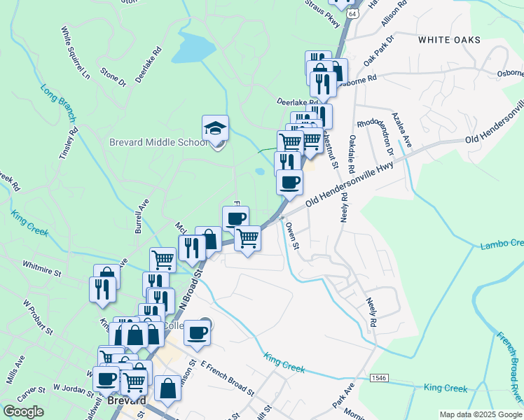 map of restaurants, bars, coffee shops, grocery stores, and more near 783 North Broad Street in Brevard