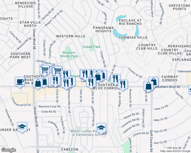 map of restaurants, bars, coffee shops, grocery stores, and more near 2517 Stallion Loop Southeast in Rio Rancho