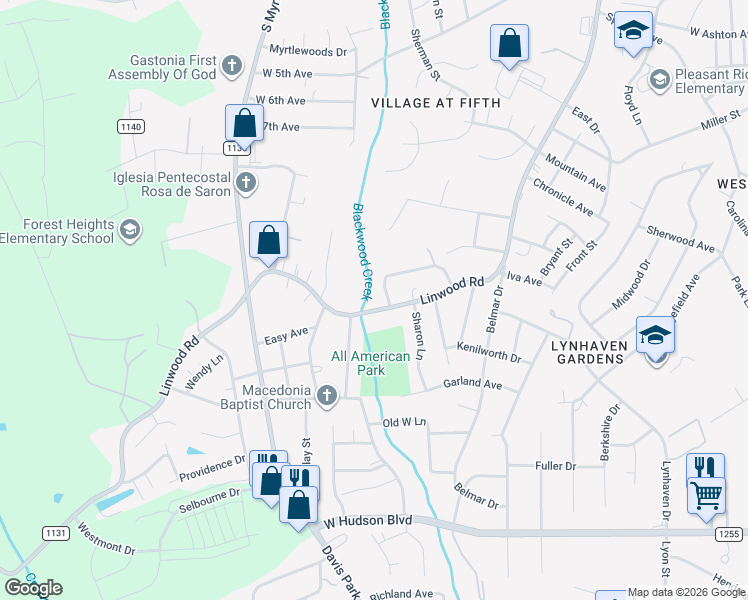 map of restaurants, bars, coffee shops, grocery stores, and more near 1929 Linwood Road in Gastonia