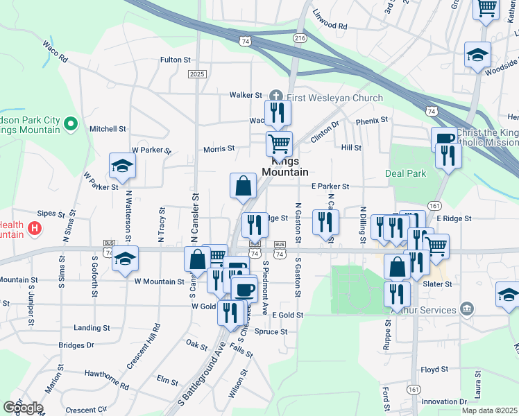map of restaurants, bars, coffee shops, grocery stores, and more near East Ridge Street in Kings Mountain